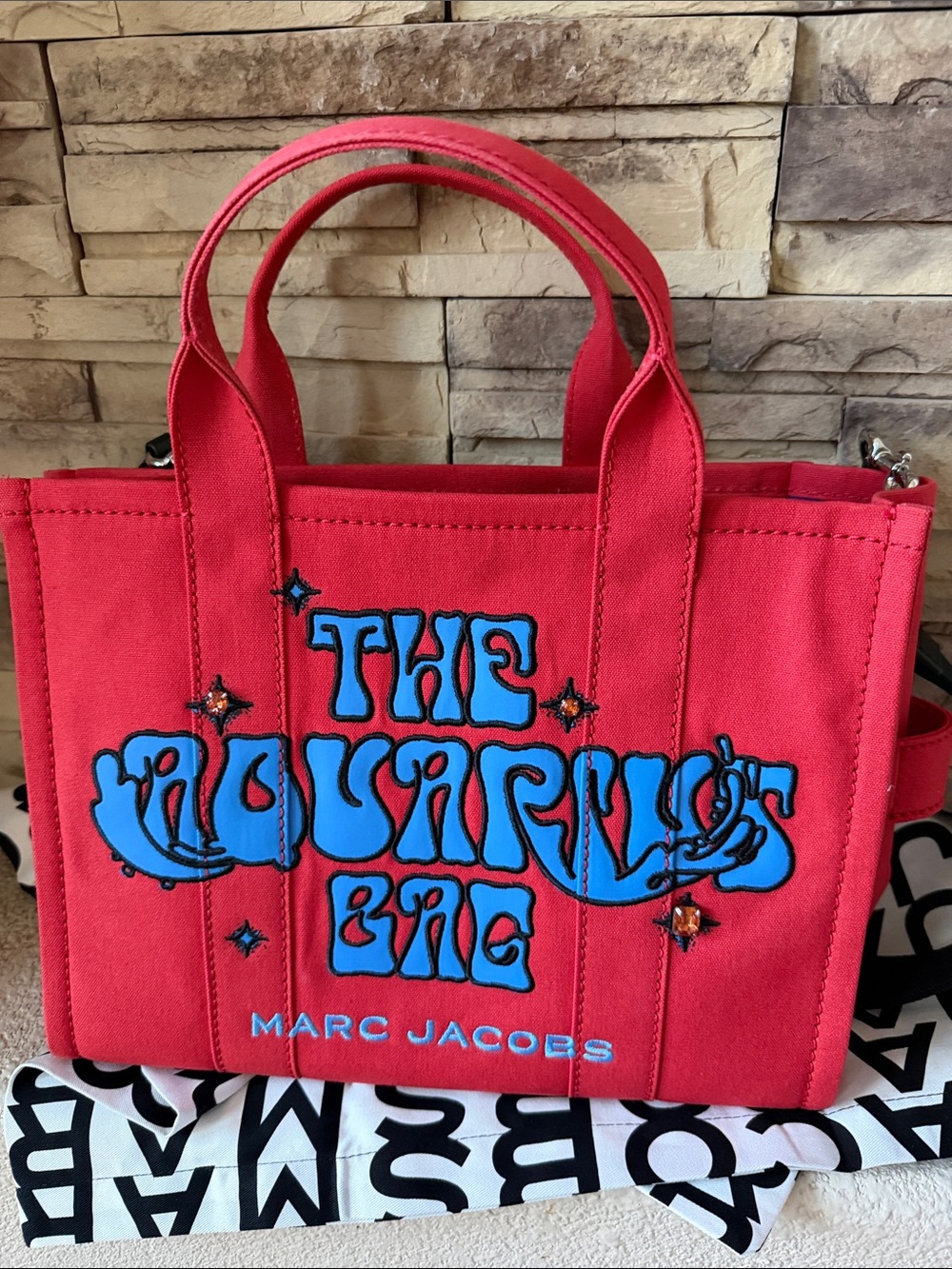 Marc Jacobs Red Canvas Tote with Blue Graphic
